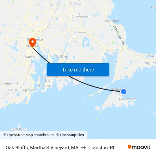 Oak Bluffs, Martha’S Vineyard, MA to Cranston, RI map