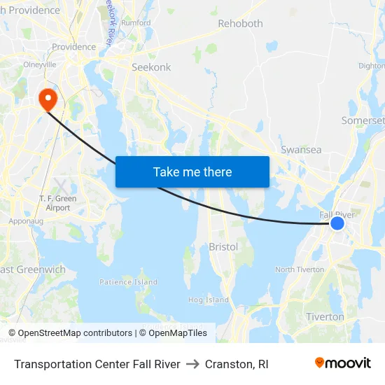 Transportation Center Fall River to Cranston, RI map