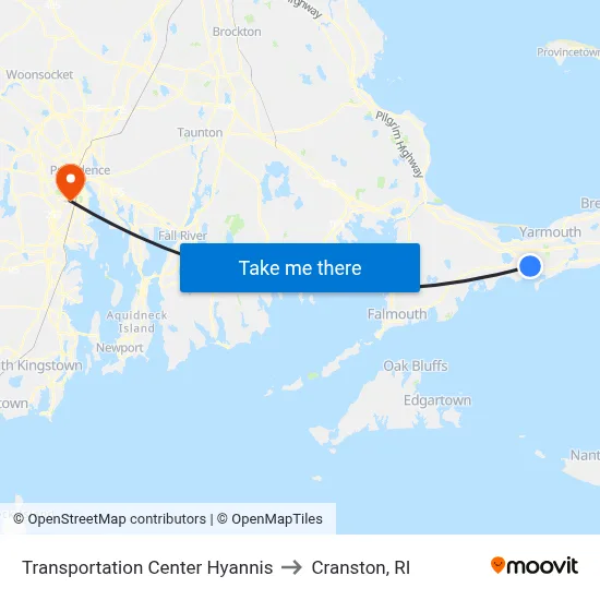 Transportation Center Hyannis to Cranston, RI map