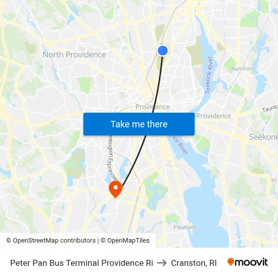 Peter Pan Bus Terminal Providence Ri to Cranston, RI map