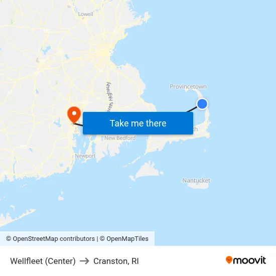 Wellfleet (Center) to Cranston, RI map