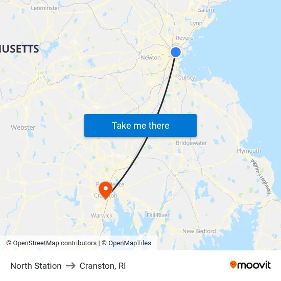 North Station to Cranston, RI map