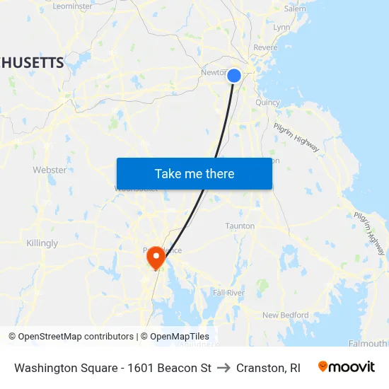 Washington Square - 1601 Beacon St to Cranston, RI map