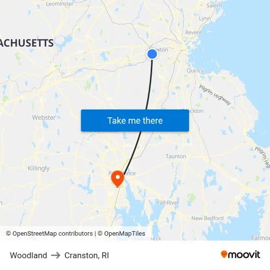 Woodland to Cranston, RI map