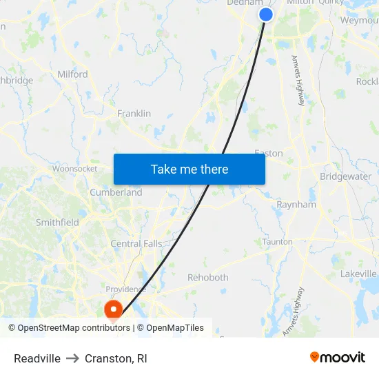 Readville to Cranston, RI map