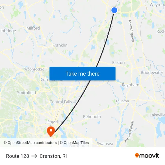 Route 128 to Cranston, RI map