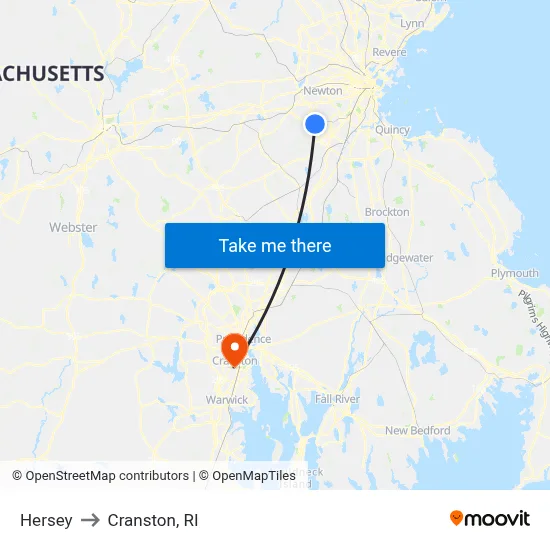 Hersey to Cranston, RI map