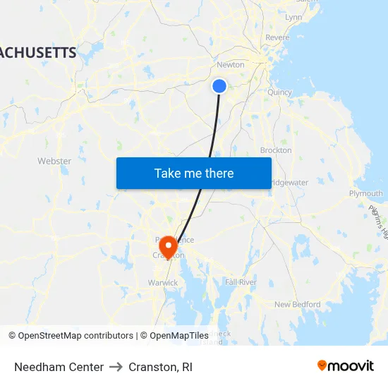 Needham Center to Cranston, RI map