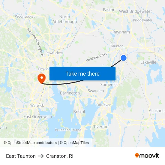 East Taunton to Cranston, RI map