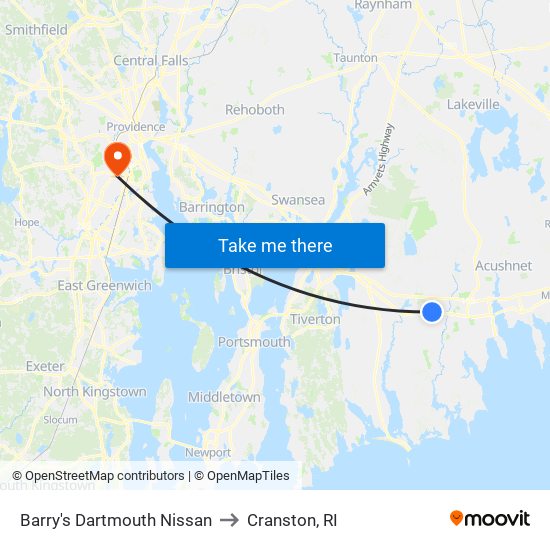 Barry's Dartmouth Nissan to Cranston, RI map