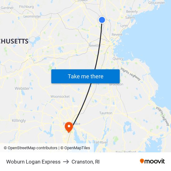 Woburn Logan Express to Cranston, RI map