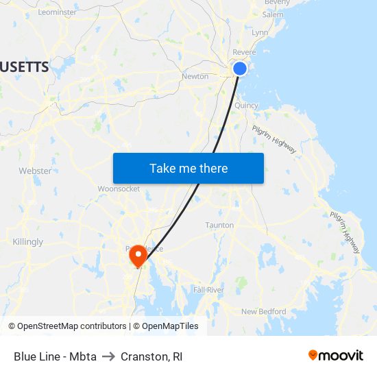 Blue Line - Mbta to Cranston, RI map