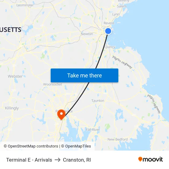Terminal E - Arrivals to Cranston, RI map
