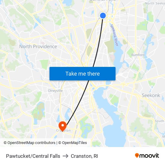 Pawtucket/Central Falls to Cranston, RI map