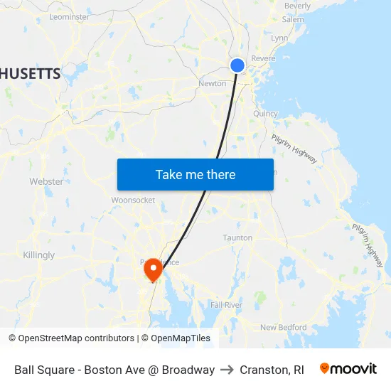 Ball Square - Boston Ave @ Broadway to Cranston, RI map