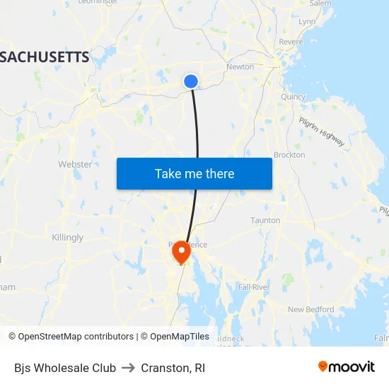 Stop And Shop & Bjs Wholesale to Cranston, RI map