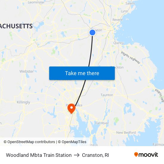 Woodland Mbta Train Station to Cranston, RI map