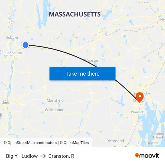 Big Y - Ludlow to Cranston, RI map