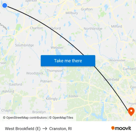 West Brookfield (E) to Cranston, RI map