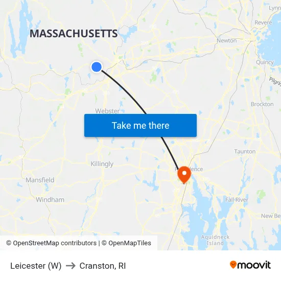 Leicester (W) to Cranston, RI map
