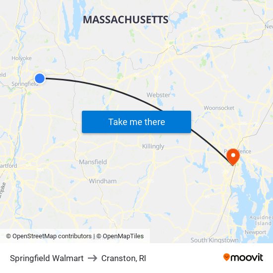 Springfield Walmart to Cranston, RI map