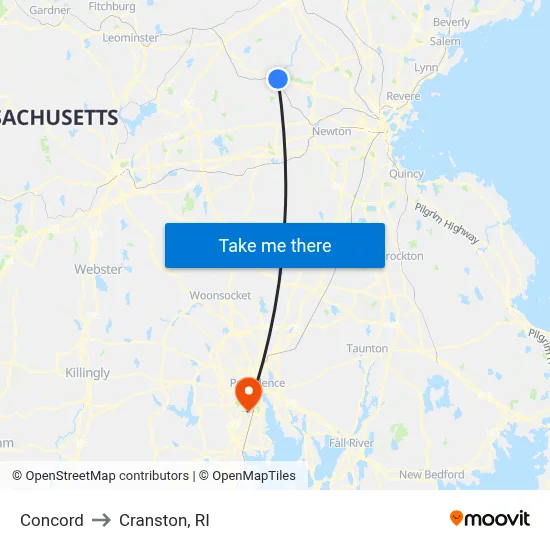 Concord to Cranston, RI map