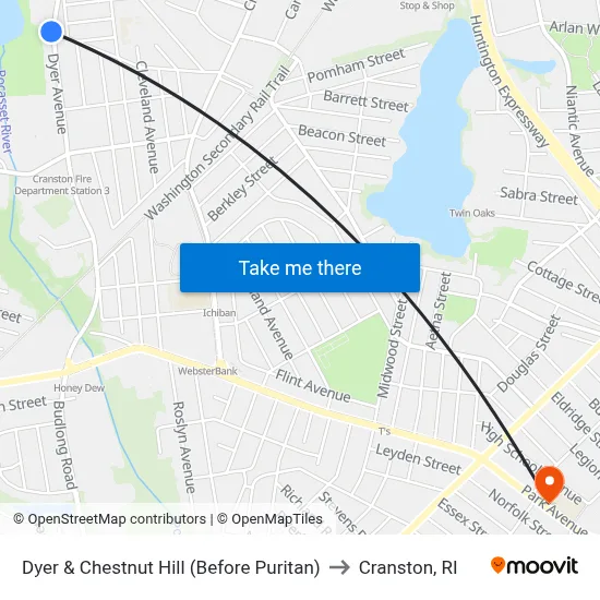Dyer & Chestnut Hill (Before Puritan) to Cranston, RI map