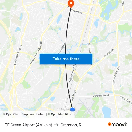 TF Green Airport (Arrivals) to Cranston, RI map