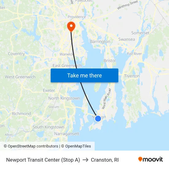 Newport Transit Center (Stop A) to Cranston, RI map