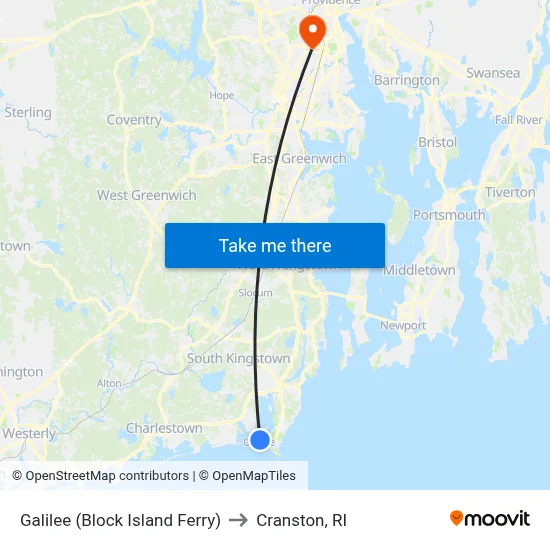 Galilee (Block Island Ferry) to Cranston, RI map