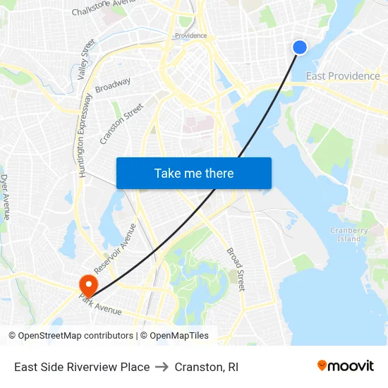 East Side Riverview Place to Cranston, RI map
