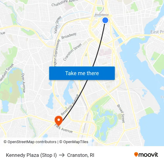 Kennedy Plaza (Stop I) to Cranston, RI map