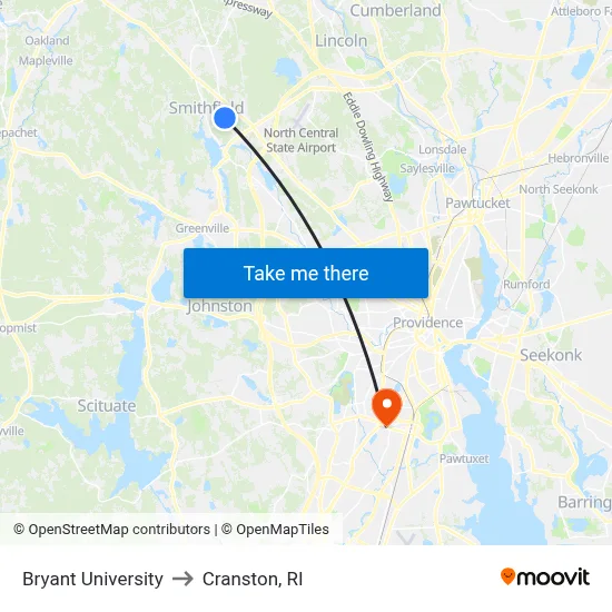 Bryant University to Cranston, RI map