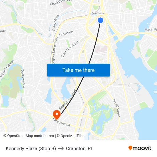Kennedy Plaza (Stop B) to Cranston, RI map