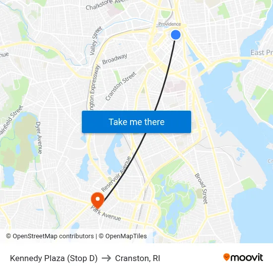 Kennedy Plaza (Stop D) to Cranston, RI map