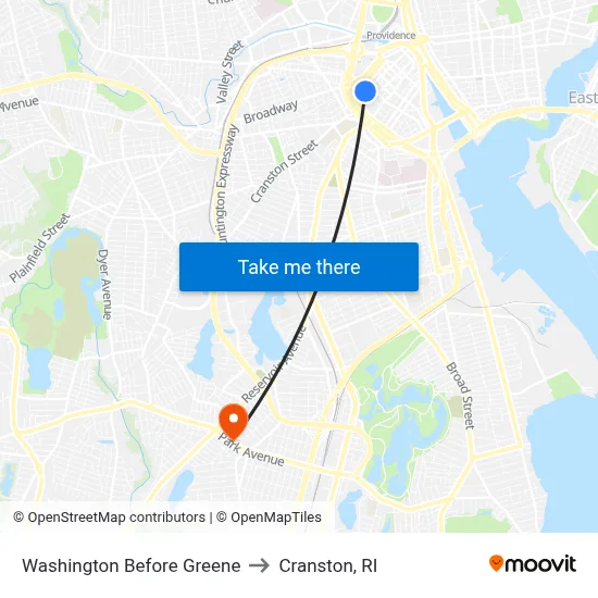 Washington Before Greene to Cranston, RI map