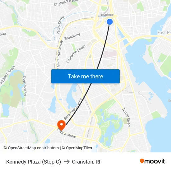 Kennedy Plaza (Stop C) to Cranston, RI map