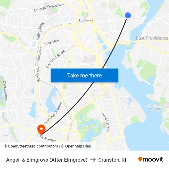 Angell & Elmgrove (After Elmgrove) to Cranston, RI map