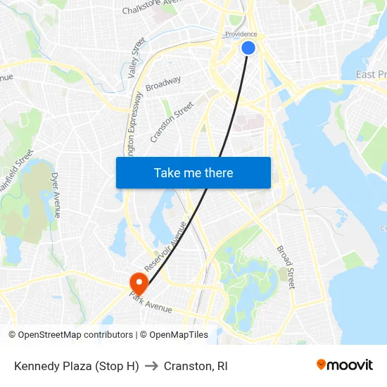 Kennedy Plaza (Stop H) to Cranston, RI map