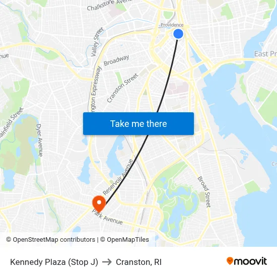 Kennedy Plaza (Stop J) to Cranston, RI map