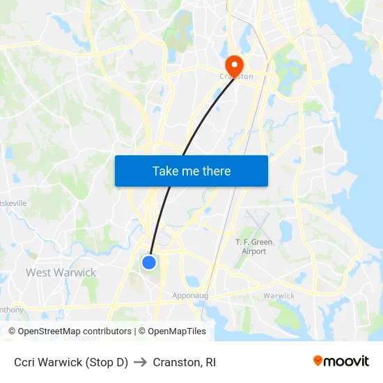Ccri Warwick (Stop D) to Cranston, RI map