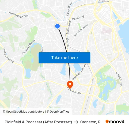 Plainfield & Pocasset (After Pocasset) to Cranston, RI map