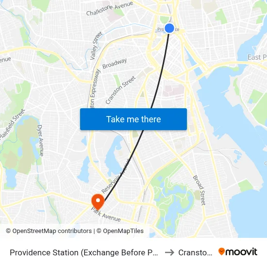 Providence Station (Exchange Before Park Row W) to Cranston, RI map