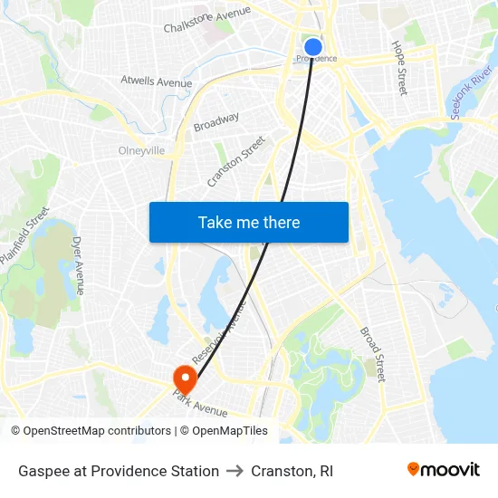 Gaspee at Providence Station to Cranston, RI map
