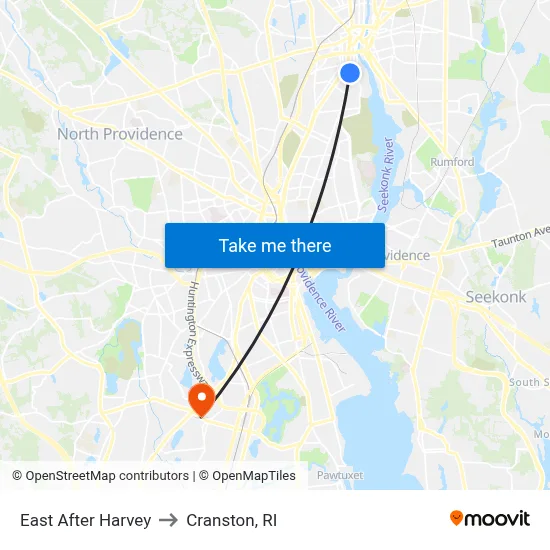 East After Harvey to Cranston, RI map