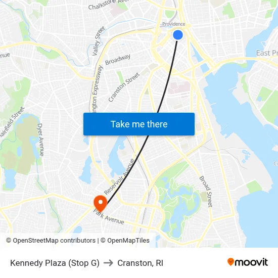 Kennedy Plaza (Stop G) to Cranston, RI map