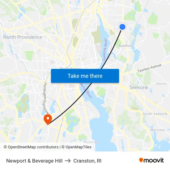 Newport & Beverage Hill to Cranston, RI map