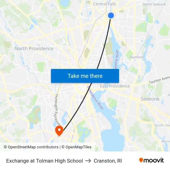 Exchange at Tolman High School to Cranston, RI map