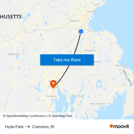 Hyde Park to Cranston, RI map