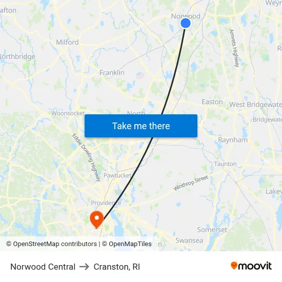Norwood Central to Cranston, RI map